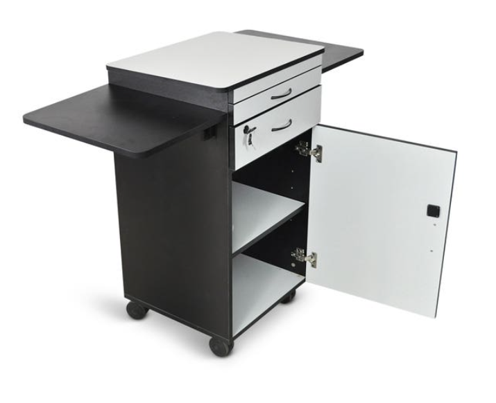 Multimedia Workstation, Wood with Laminate Finish, 23.75"W x 18.875"D x 37.375"H, (2) Drop-Leaf Shelves, Lockinig Cabinet, Pullout Keyboard Shelf, (4) 3" Casters (2 with Locking Brakes), Assembly Required