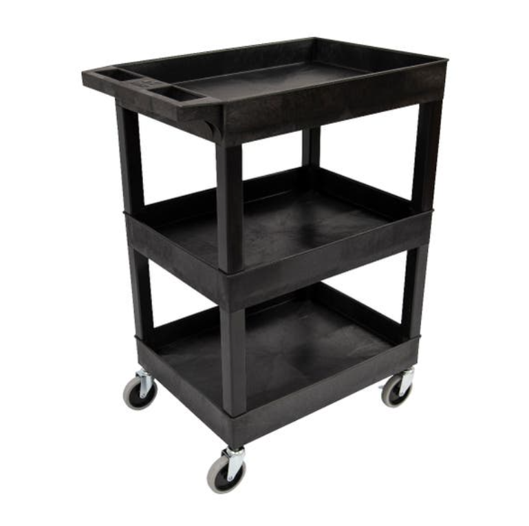Utility Tub Cart, Plastic, Two Shelves with Outrigger Bins (2.5" Deep), 24" x 18", Overall: 24" W x 18" D x 36.25" H