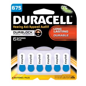 Duracell® Hearing Aid Battery, Zinc Air, Size 675, 6pk