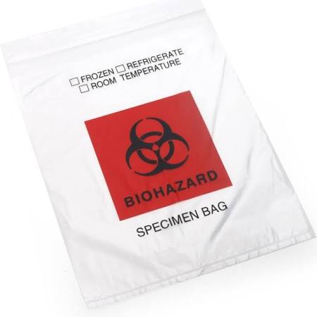 Medegen Specimen Transport Bags, 6&quot; x 9&quot;, Adhesive Closure, Clear, Biohazard, 100/pk
