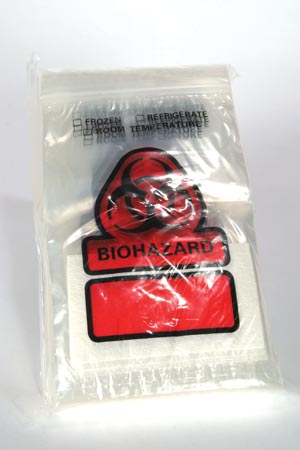 RD Plastics Biohazard Recloseable Bag, 6" x 9", with 3" x 5" Absorbent Insert Pad