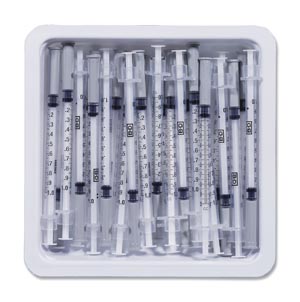 BD Precisionglide™ Allergist Trays/1mL, Permanently Attached Needle, 27G x 3/8", Regular B