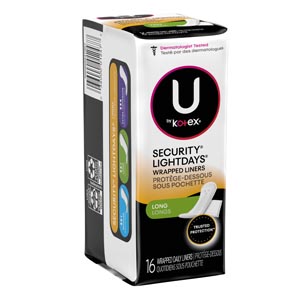 Kimberly-Clark U by Kotex® Pantiliners, Premium, Fresh & Dry, Long, 16/pk