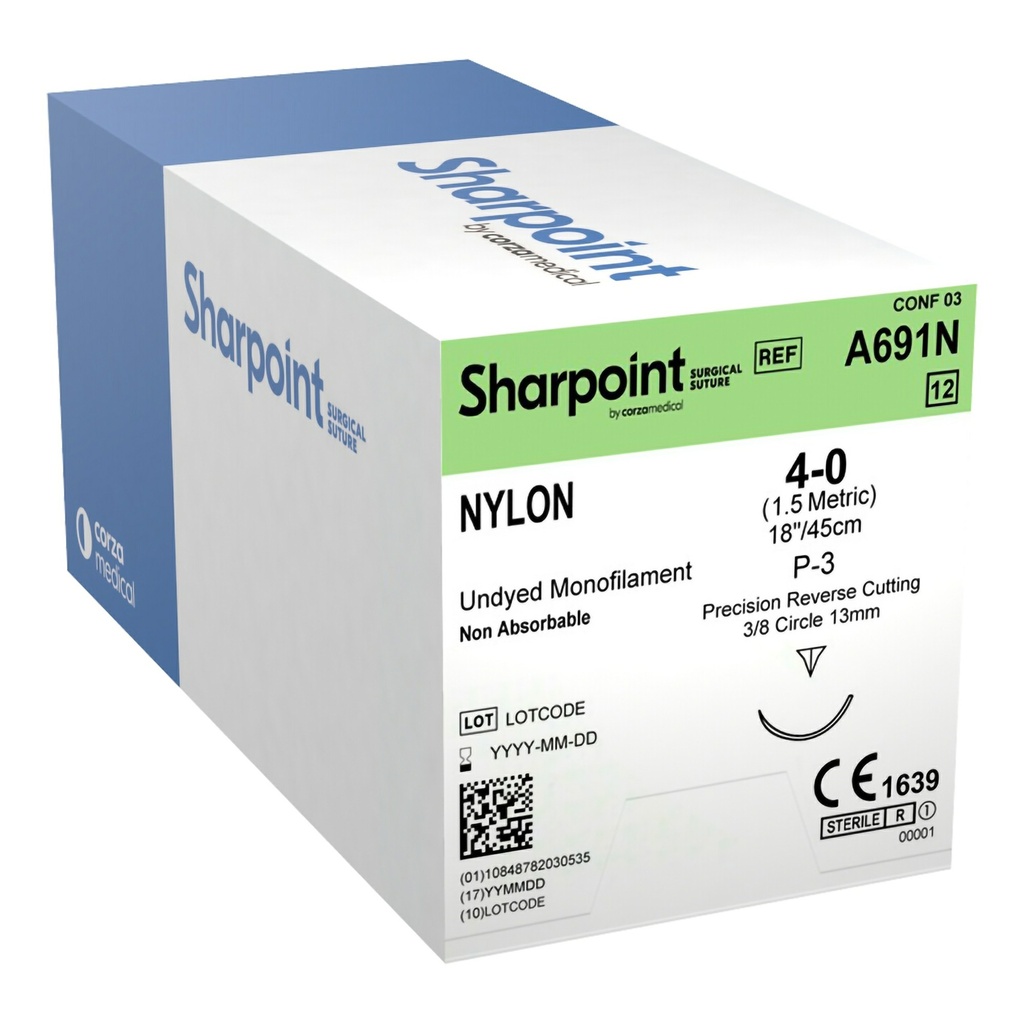 Surgical Specialties Sharpoint Plus 4-0 18 inch Nylon Nonabsorbable Suture with Needle and Undyed, 12 per Box