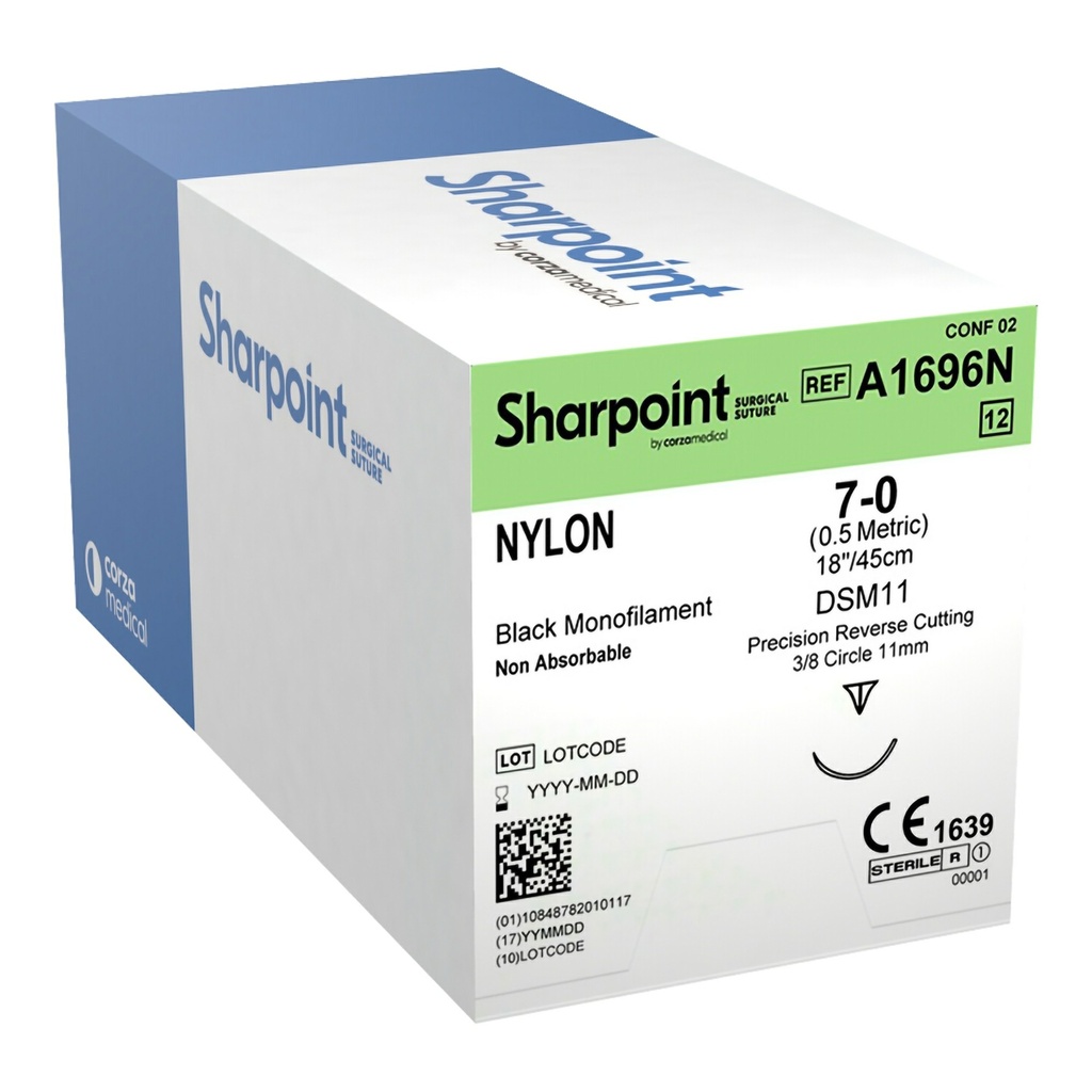 Surgical Specialties Sharpoint Plus 7-0 11 mm Nylon Nonabsorbable Suture with Needle and Black, 12 per Box