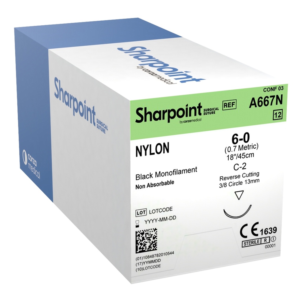 Surgical Specialties Sharpoint Plus 6-0 13 mm Nylon Nonabsorbable Suture with Needle and Black, 12 per Box