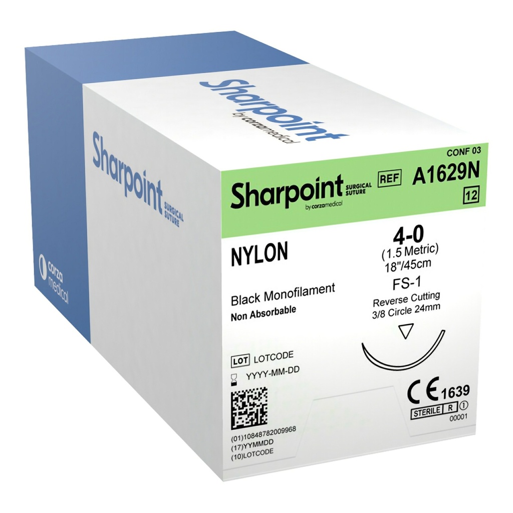 Surgical Specialties Sharpoint Plus 4-0 24 mm Nylon Nonabsorbable Suture with Needle and Black, 12 per Box