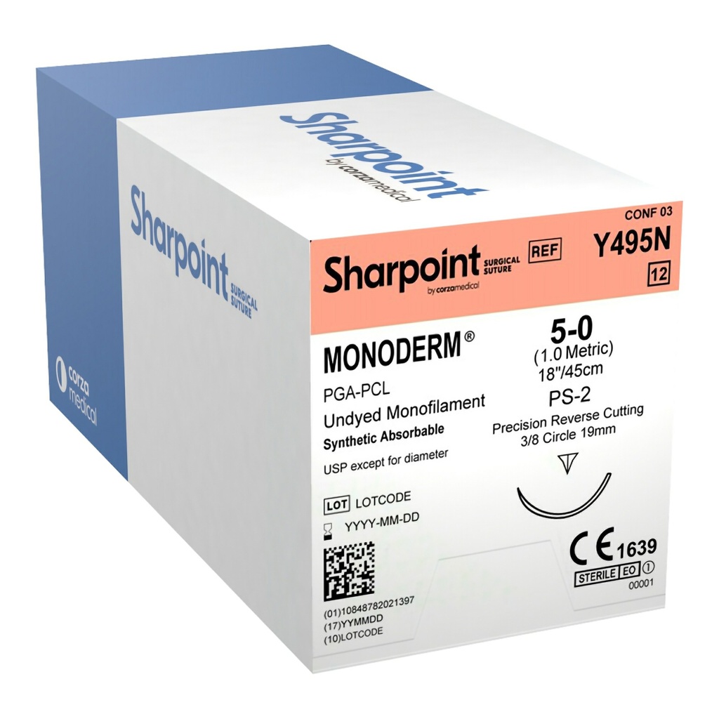 Surgical Specialties Sharpoint Plus Monoderm 5-0 19 mm Polyglycolic Acid Absorbable Suture with Needle and Undyed, 12 per Box