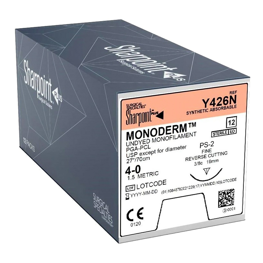 Surgical Specialties Sharpoint Plus Monoderm 4-0 27 inch Polyglycolic Acid Absorbable Suture with Needle and Undyed, 12 per Box