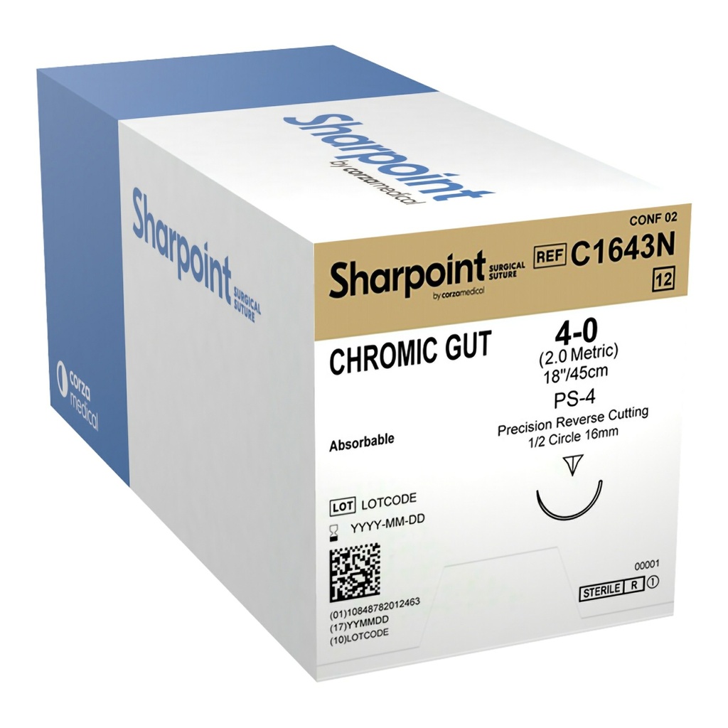 Surgical Specialties Sharpoint Plus 4-0 16 mm Chromic Gut Absorbable Suture with Needle and Undyed, 12 per Box