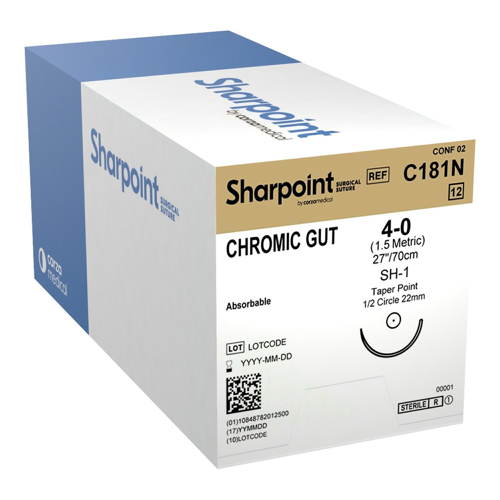 Surgical Specialties Sharpoint Plus 4-0 22 mm Chromic Gut Absorbable Suture with Needle and Undyed, 12 per Box