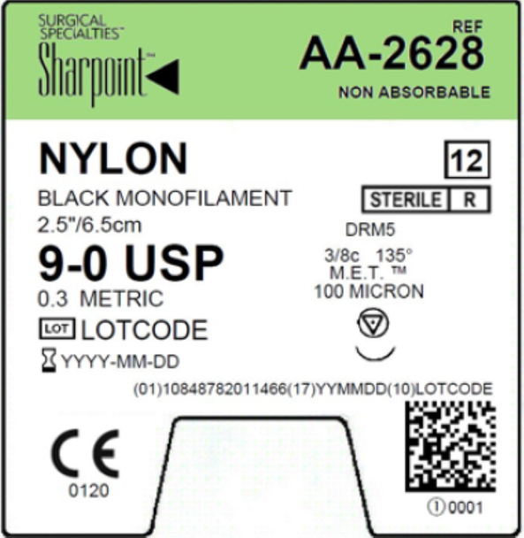 Surgical Specialties Sharpoint 5 mm x 2.5 inch Nylon Non Absorbable Suture with Needle and Black, 12 per Box