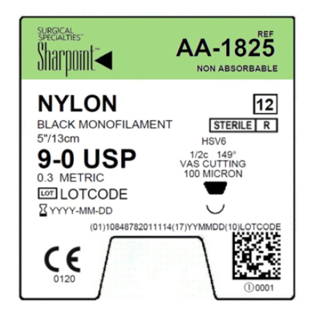 Surgical Specialties Sharpoint 9-0 6 mm Nylon Non Absorbable Suture with Needle and Black, 12 per Box