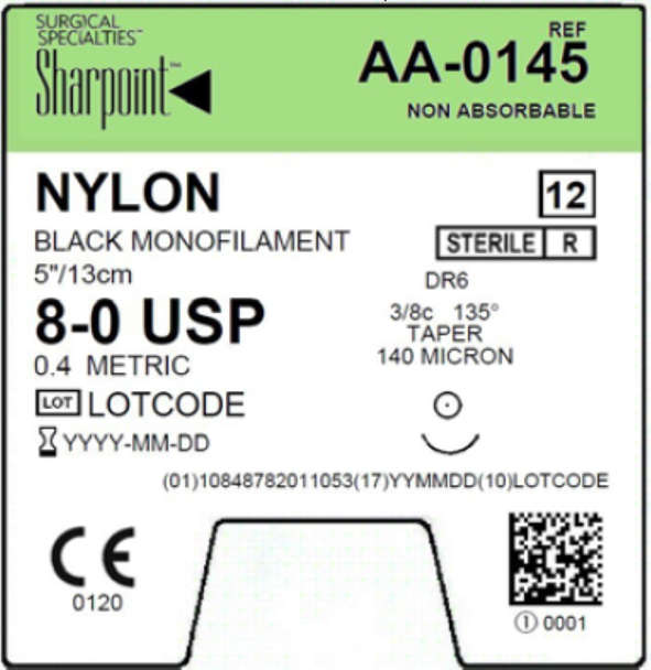 Surgical Specialties Sharpoint 6 mm x 5 inch Nylon Non Absorbable Suture with Needle and Black, 12 per Box