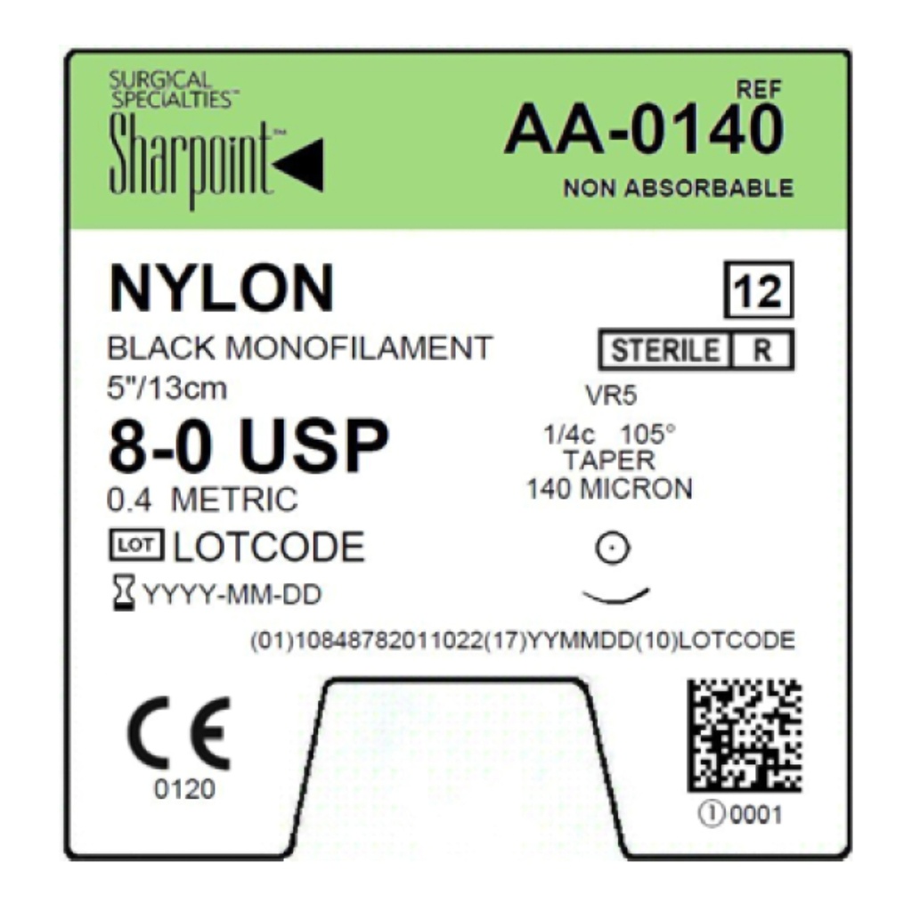 Surgical Specialties Sharpoint 8-0 5 mm Nylon Non Absorbable Suture with Needle and Black, 12 per Box