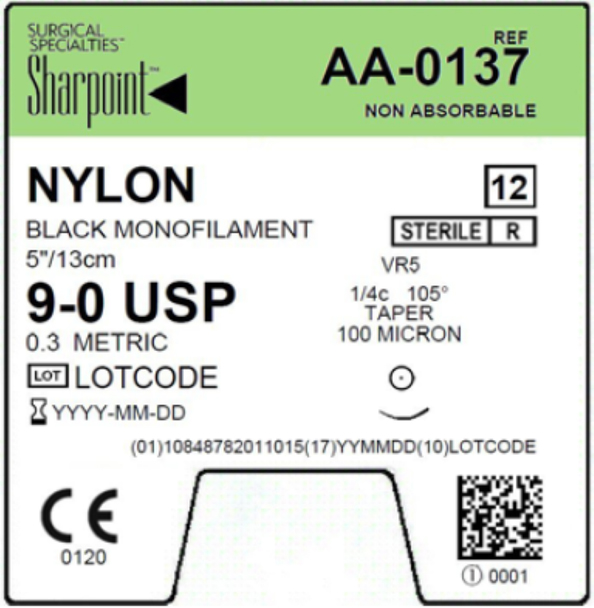 Surgical Specialties Sharpoint 1/4 Circle Nylon Non Absorbable Suture with Needle and Black, 12 per Box