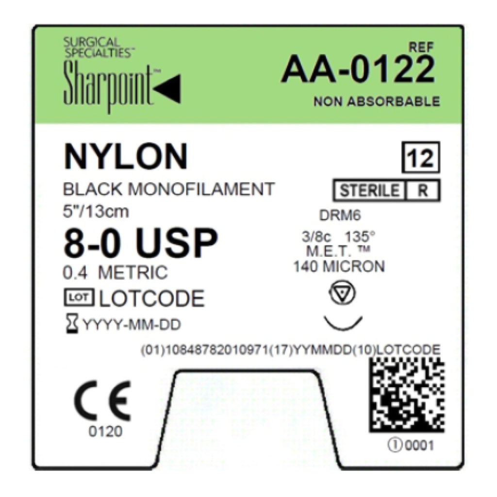 Surgical Specialties Sharpoint 8-0 5 inch Nylon Non Absorbable Suture with Needle and Black, 12 per Box