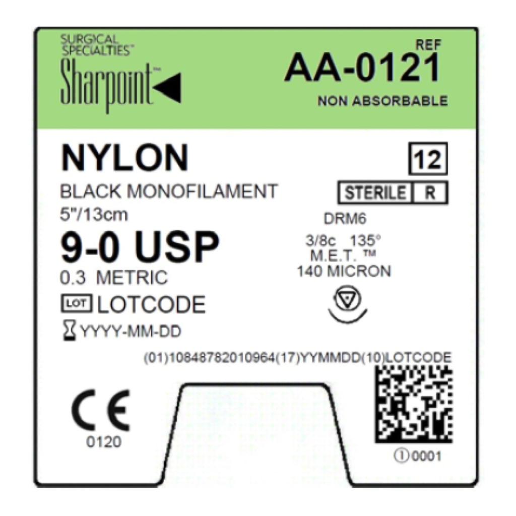 Surgical Specialties Sharpoint 9-0 6 mm Nylon Non Absorbable Suture with Needle and Black, 12 per Box