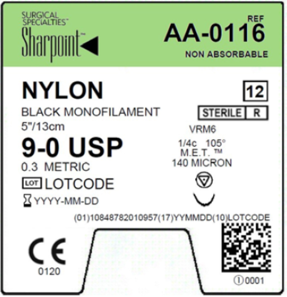 Surgical Specialties Sharpoint 9-0 140 microns Nylon Non Absorbable Suture with Needle and Black, 12 per Box