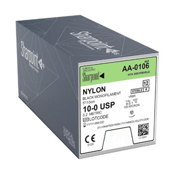 Surgical Specialties Sharpoint 100 microns x 5 inch Nylon Non Absorbable Suture with Needle and Black, 12 per Box