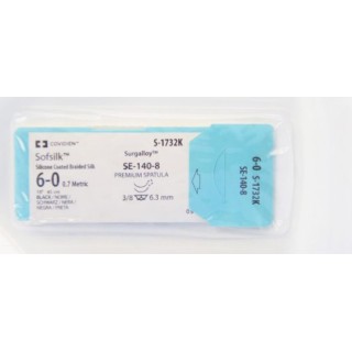 Medtronic Sofsilk 45 cm 3/8 Circle Size 6-0 SE-140-8 Wax Coated Braided Silk Suture, Black, 12/Box