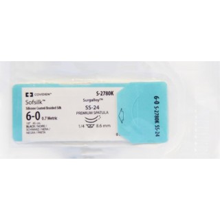 Medtronic Sofsilk 45 cm 1/4 Circle Size 6-0 SS-24 Wax Coated Braided Silk Suture, Black, 12/Box