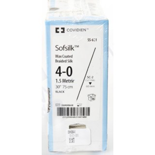 Medtronic Sofsilk 75 cm Straight Size 4-0 SC-2 Wax Coated Braided Silk Suture, Black, 36/Box