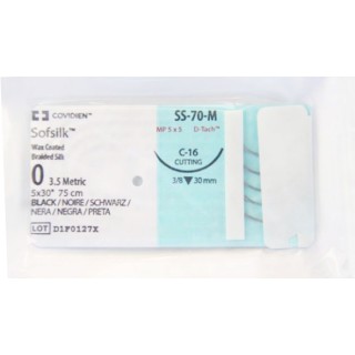 Medtronic Sofsilk 5 cm x 75 cm 3/8 Circle Size 0 C-16 Wax Coated Braided Silk Suture, Black, 24/Box