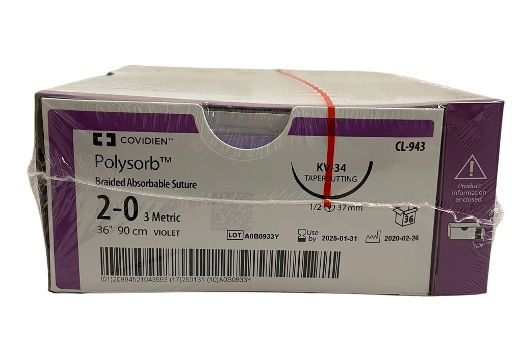 Medtronic Polysorb 90 cm 1/2 Circle Size 2-0 KV-34 Braided Synthetic Absorbable Coated Suture, Violet, 36/Box
