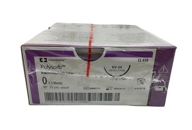 Medtronic Polysorb 75 cm 1/2 Circle Size 0 KV-34 Braided Synthetic Absorbable Coated Suture, Violet, 36/Box