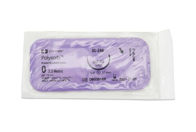 Medtronic Polysorb 75 cm 5/8 Circle Size 0 GU-45 Braided Synthetic Absorbable Coated Suture, Violet, 36/Box