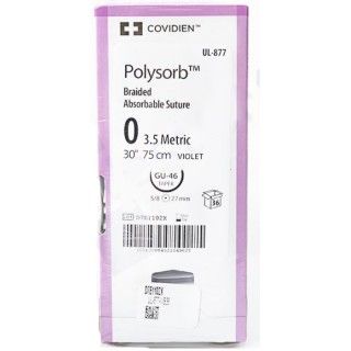 Medtronic Polysorb 75 cm 5/8 Circle Size 0 GU-46 Braided Synthetic Absorbable Coated Suture, Violet, 36/Box