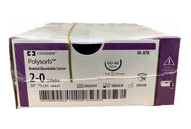 Medtronic Polysorb 75 cm 5/8 Circle Size 2-0 GU-46 Braided Synthetic Absorbable Coated Suture, Violet, 36/Box