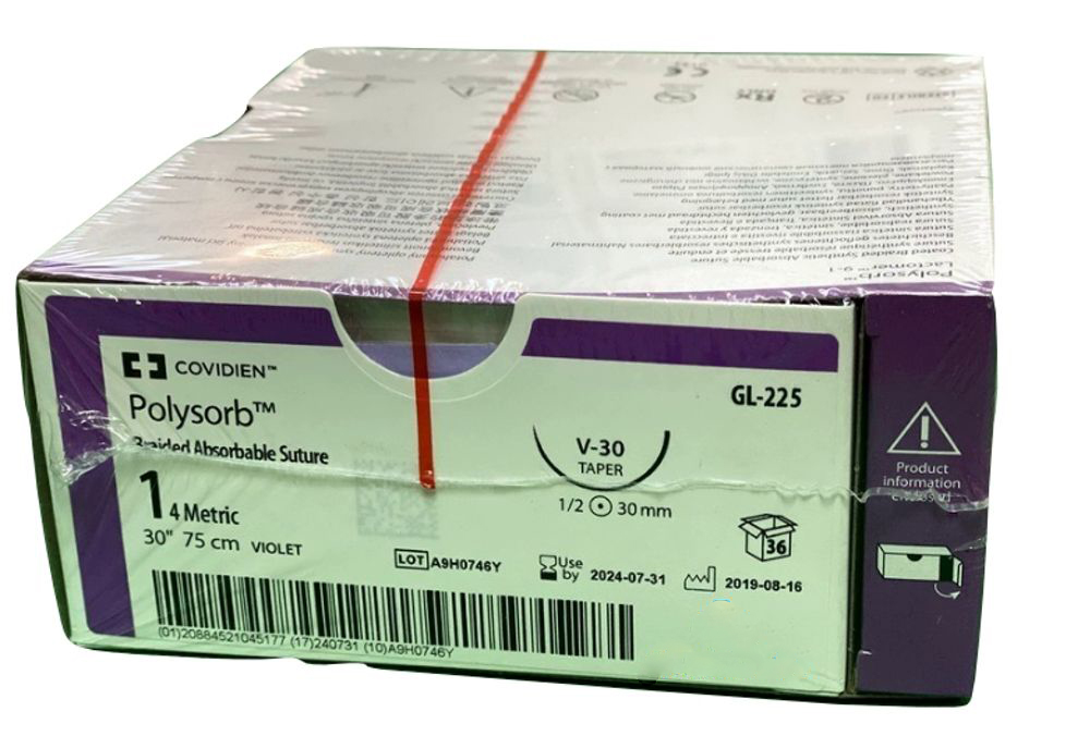Medtronic Polysorb 75 cm 1/2 Circle Size 1 V-30 Braided Synthetic Absorbable Coated Suture, Violet, 36/Box