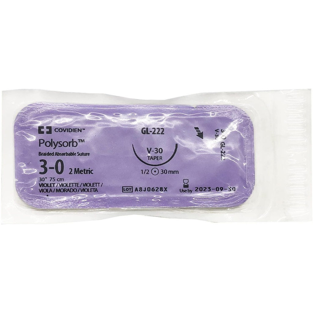Medtronic Polysorb 75 cm 1/2 Circle Size 3-0 V-30 Braided Synthetic Absorbable Coated Suture, Violet, 36/Box