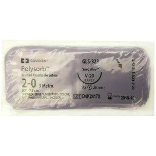 Medtronic Polysorb 75 cm 1/2 Circle Size 2-0 V-20 Braided Synthetic Absorbable Coated Suture, 36/Box
