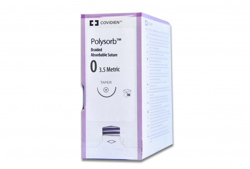 Medtronic Polysorb 75 cm 1/2 Circle Size 0 V-20 Braided Synthetic Absorbable Coated Suture, Violet, 36/Box