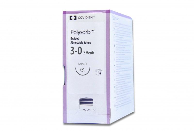 Medtronic Polysorb 75 cm 1/2 Circle Size 3-0 V-20 Braided Synthetic Absorbable Coated Suture, Violet, 36/Box