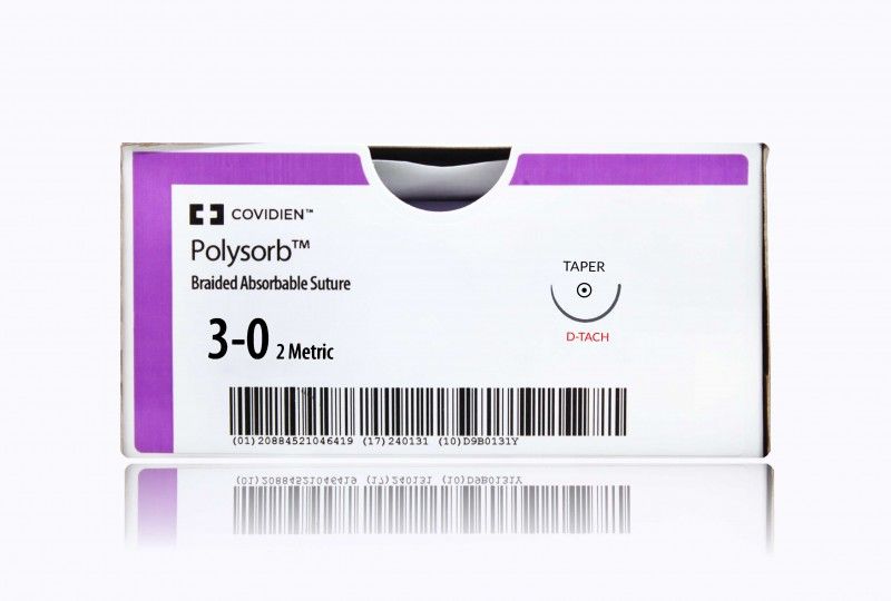 Medtronic Polysorb 5 cm x 45 cm 1/2 Circle Size 3-0 V-20 Braided Synthetic Absorbable Coated Suture, Violet, 12/Box