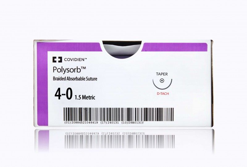 Medtronic Polysorb 5 cm x 45 cm 1/2 Circle Size 4-0 V-20 Braided Synthetic Absorbable Coated Suture, Violet, 12/Box