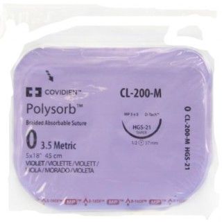 Medtronic Polysorb 5 cm x 45 cm 1/2 Circle Size 0 HGS-21 Braided Synthetic Absorbable Coated Suture, Violet, 12/Box