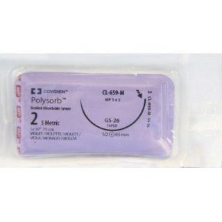 Medtronic Polysorb 5 cm x 75 cm 1/2 Circle Size 2 GS-26 Braided Synthetic Absorbable Coated Suture, Violet, 6/Box