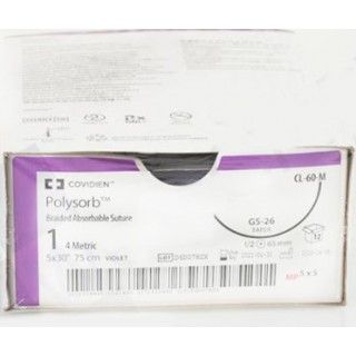 Medtronic Polysorb 5 cm x 75 cm 1/2 Circle Size 1 GS-26 Braided Synthetic Absorbable Coated Suture, Violet, 12/Box