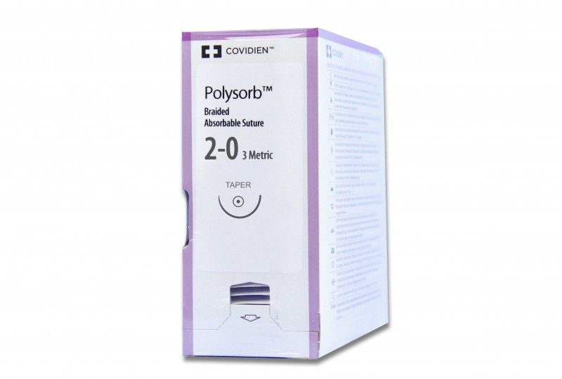 Medtronic Polysorb 90 cm 1/2 Circle Size 2-0 GS-25 Braided Synthetic Absorbable Coated Suture, 36/Box