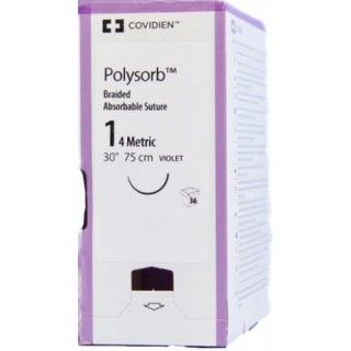 Medtronic Polysorb 75 cm 1/2 Circle Size 1 GS-25 Braided Synthetic Absorbable Coated Suture, Violet, 36/Box
