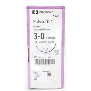 Medtronic Polysorb 75 cm 1/2 Circle Size 3-0 GS-25 Braided Synthetic Absorbable Coated Suture, Violet, 36/Box