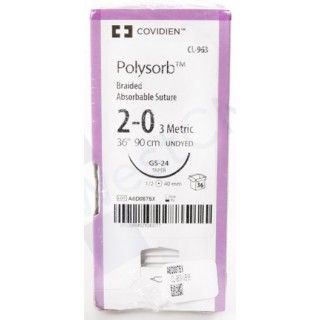 Medtronic Polysorb 90 cm 1/2 Circle Size 2-0 GS-24 Braided Synthetic Absorbable Coated Suture, 36/Box