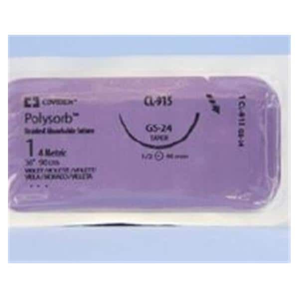 Medtronic Polysorb 90 cm 1/2 Circle Size 1 GS-24 Braided Synthetic Absorbable Coated Suture, Violet, 36/Box
