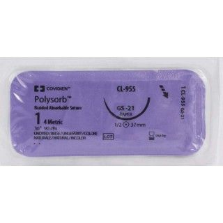 Medtronic Polysorb 90 cm 1/2 Circle Size 1 GS-21 Braided Synthetic Absorbable Coated Suture, 36/Box