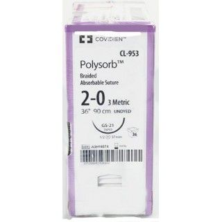 Medtronic Polysorb 90 cm 1/2 Circle Size 2-0 GS-21 Braided Synthetic Absorbable Coated Suture, 36/Box